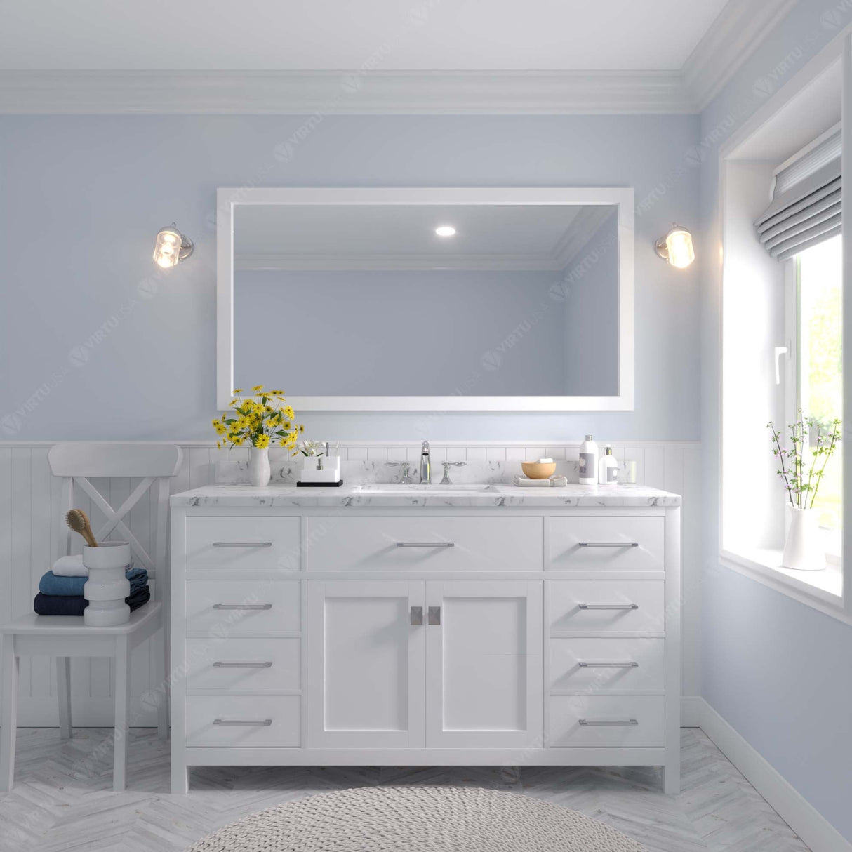 Virtu USA Caroline 60" Single Bath Vanity with White Quartz Top and Round Sink with Matching Mirror