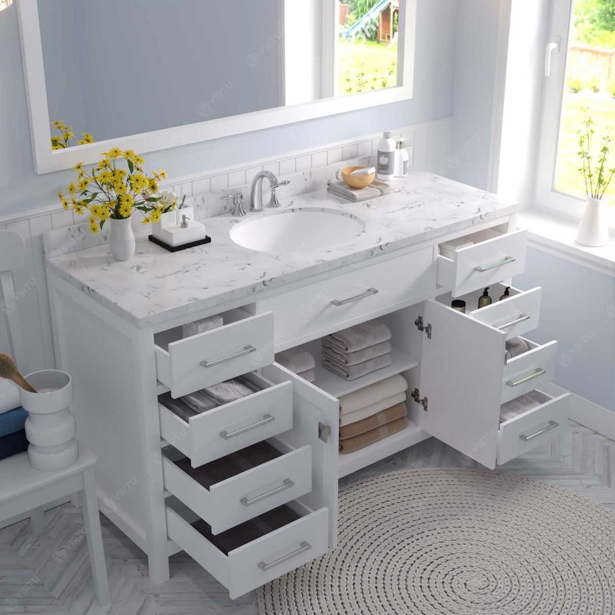 Virtu USA Caroline 60" Single Bath Vanity with White Quartz Top and Round Sink with Matching Mirror