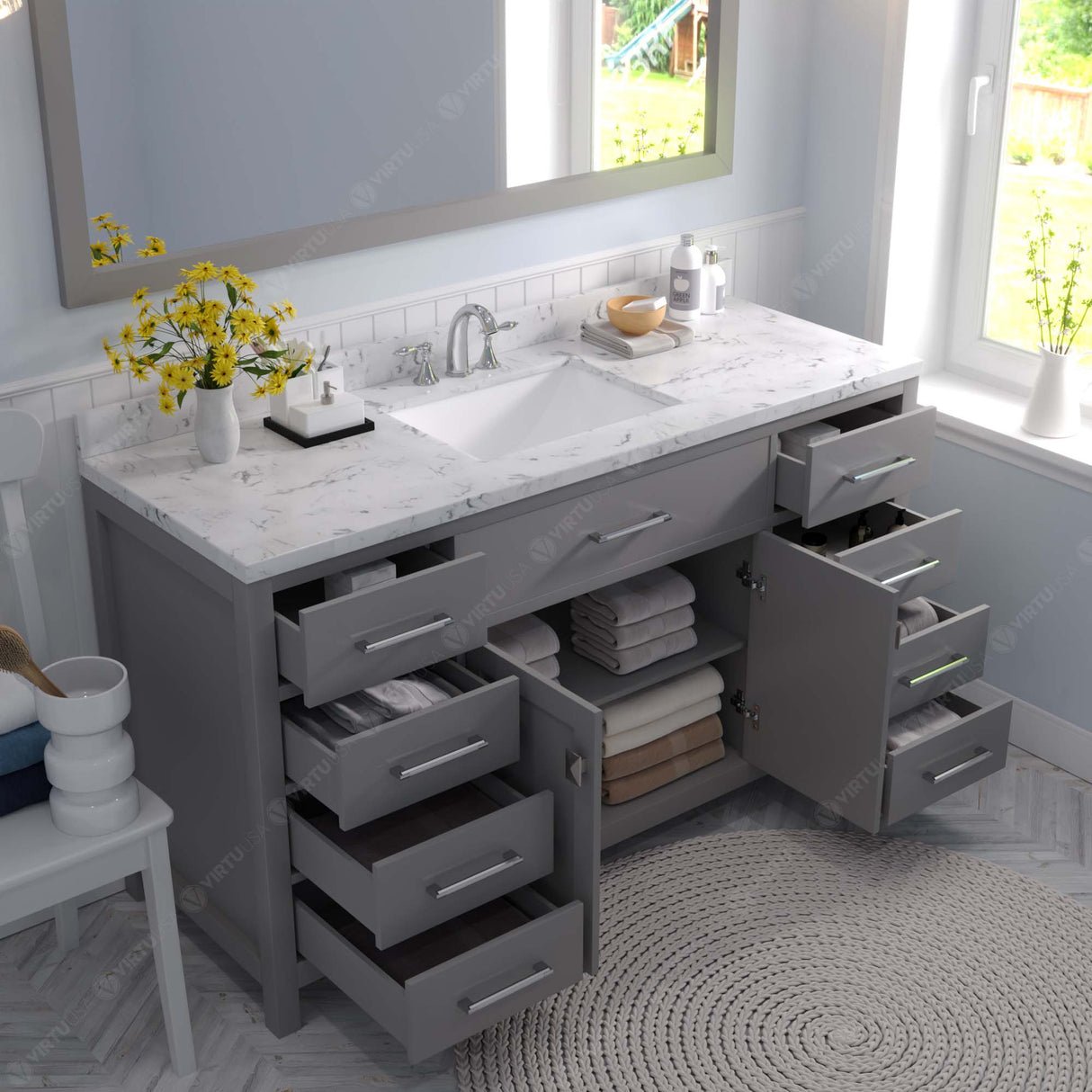 Virtu USA Caroline 60" Single Bath Vanity with White Quartz Top and Square Sink with Brushed Nickel Faucet with Matching Mirror