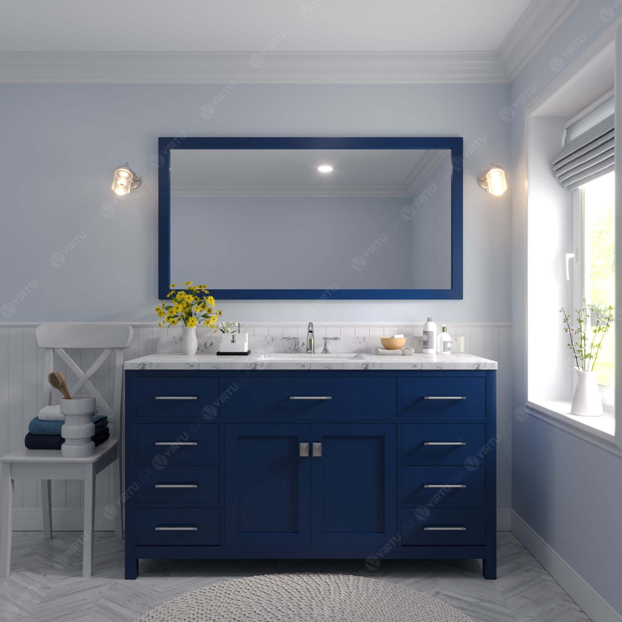 Virtu USA Caroline 60" Single Bath Vanity with White Quartz Top and Square Sink with Matching Mirror