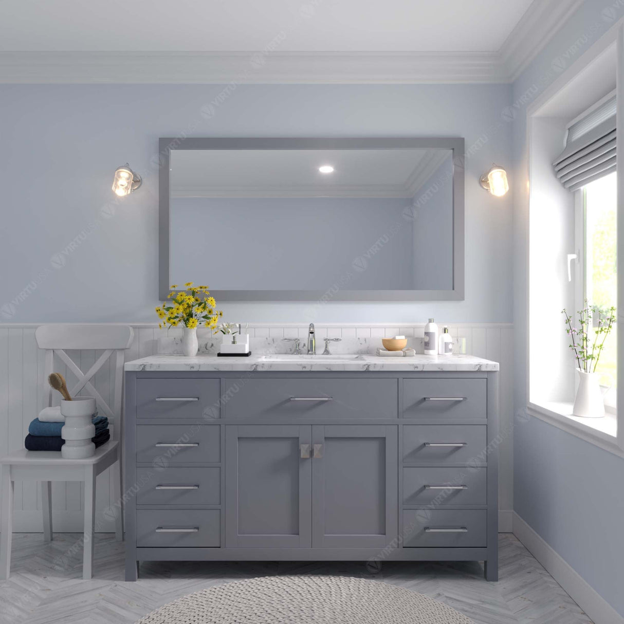 Virtu USA Caroline 60" Single Bath Vanity with White Quartz Top and Square Sink with Matching Mirror