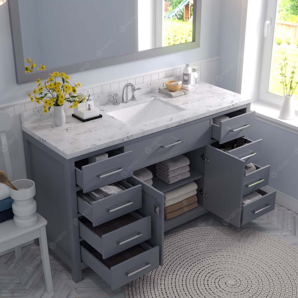 Virtu USA Caroline 60" Single Bath Vanity with White Quartz Top and Square Sink with Brushed Nickel Faucet with Matching Mirror