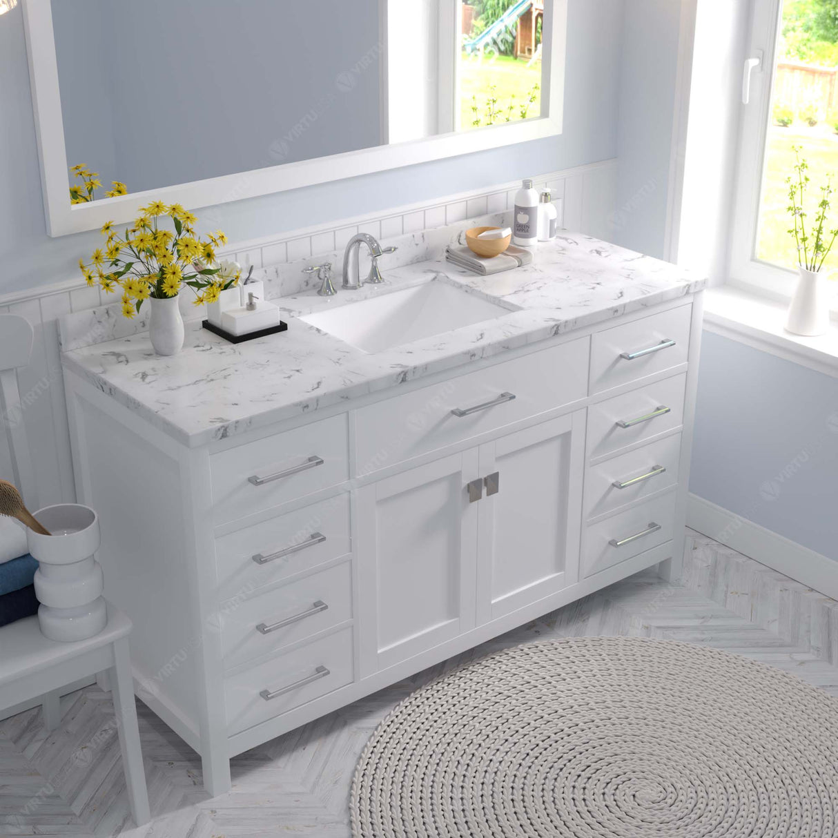 Virtu USA Caroline 60" Single Bath Vanity with White Quartz Top and Square Sink with Brushed Nickel Faucet with Matching Mirror