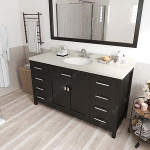 Virtu USA Caroline 60" Single Bath Vanity with White Quartz Top and Round Sink with Brushed Nickel Faucet with Matching Mirror