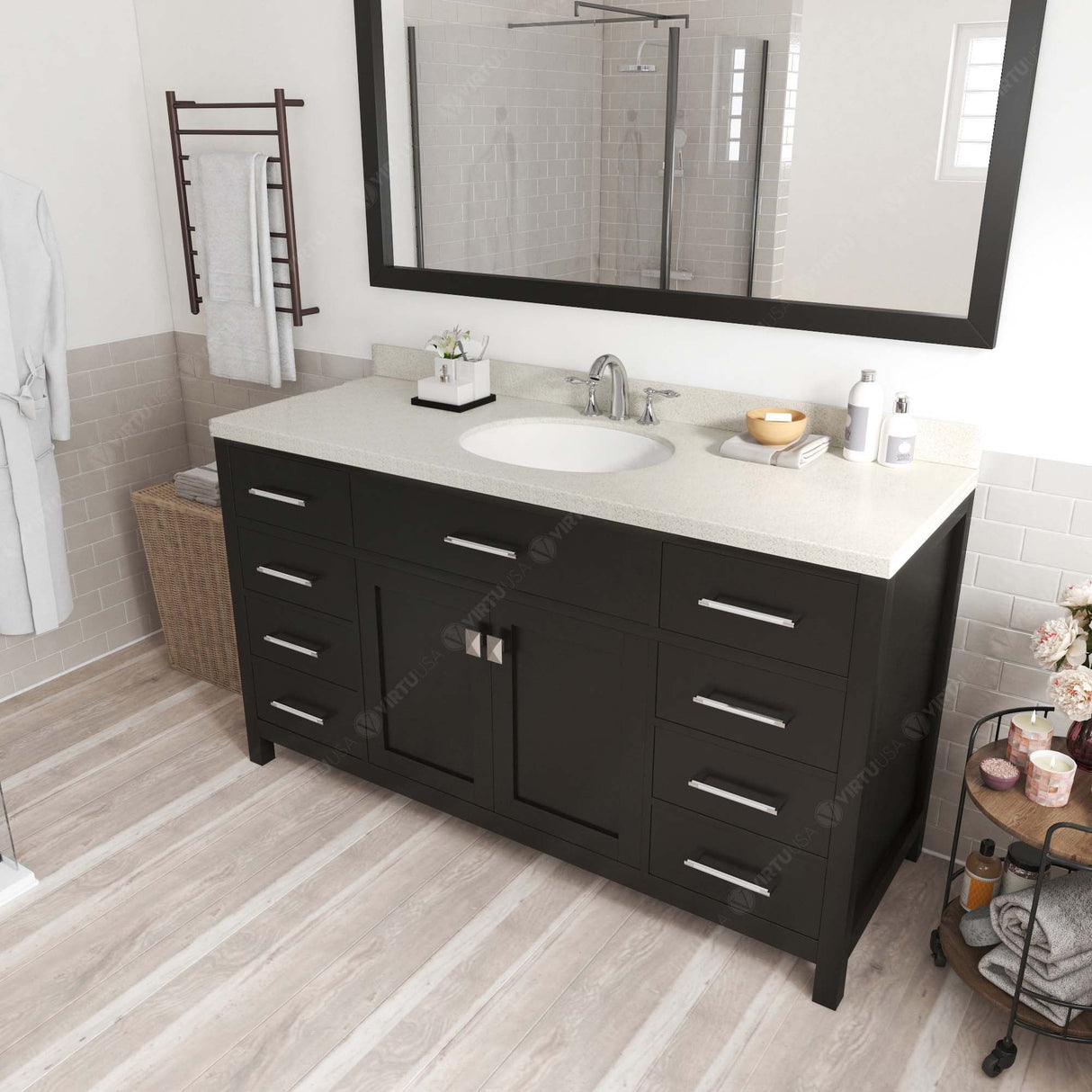 Virtu USA Caroline 60" Single Bath Vanity with White Quartz Top and Round Sink with Polished Chrome Faucet with Matching Mirror