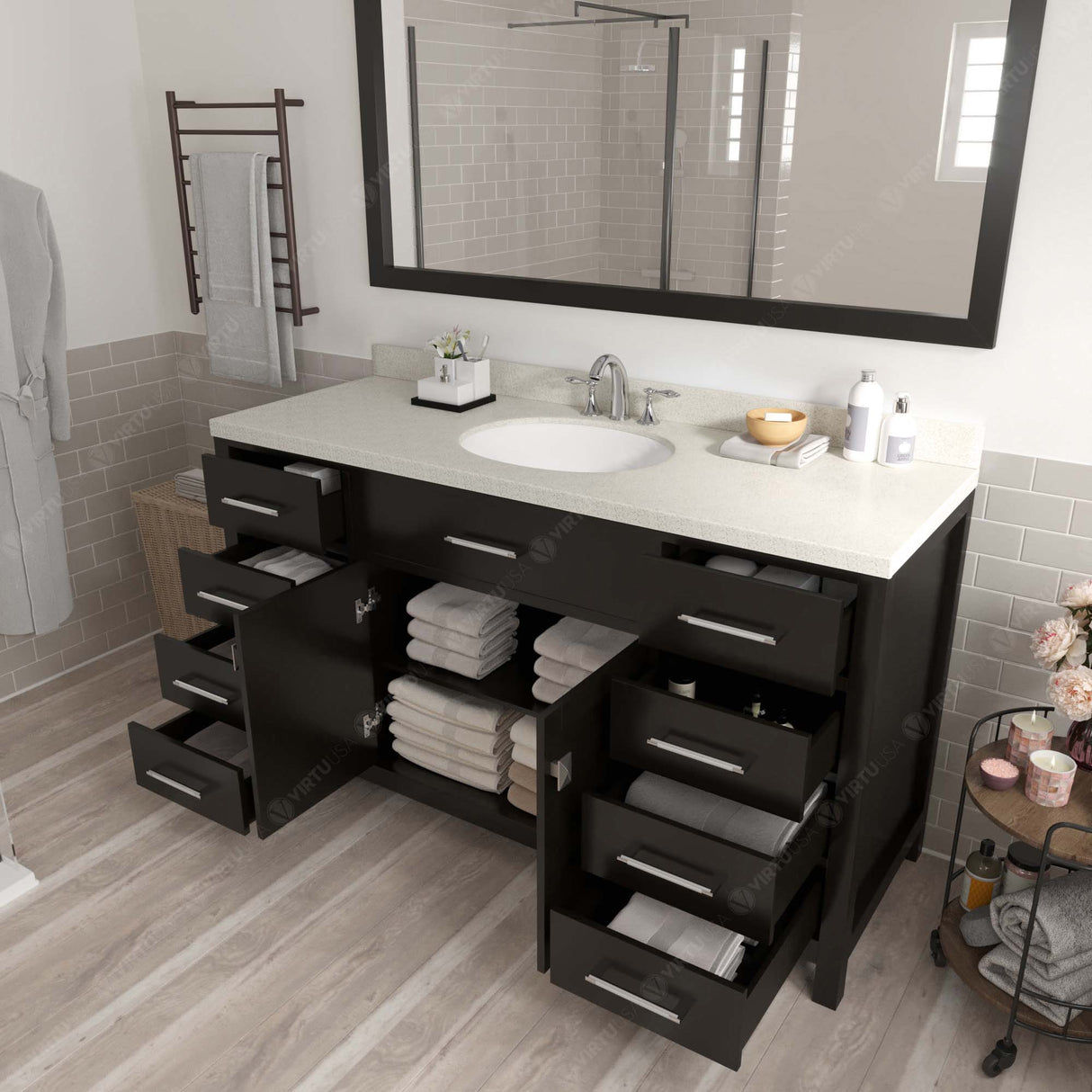 Virtu USA Caroline 60" Single Bath Vanity with White Quartz Top and Round Sink with Polished Chrome Faucet with Matching Mirror