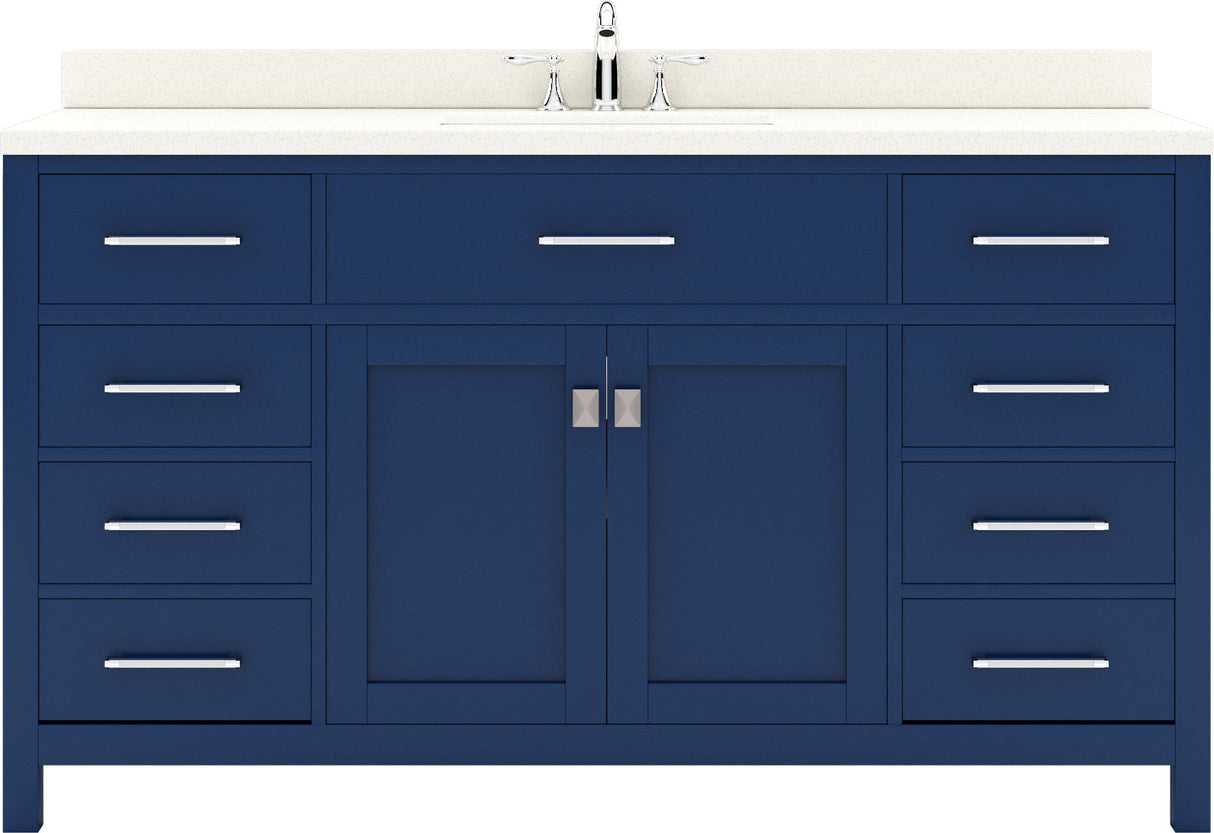 Virtu USA Caroline 60" Single Bath Vanity with White Quartz Top and Round Sink with Polished Chrome Faucet with Matching Mirror