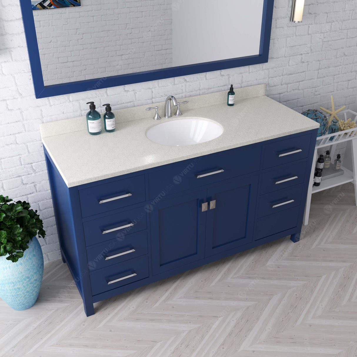 Virtu USA Caroline 60" Single Bath Vanity with White Quartz Top and Round Sink with Polished Chrome Faucet with Matching Mirror