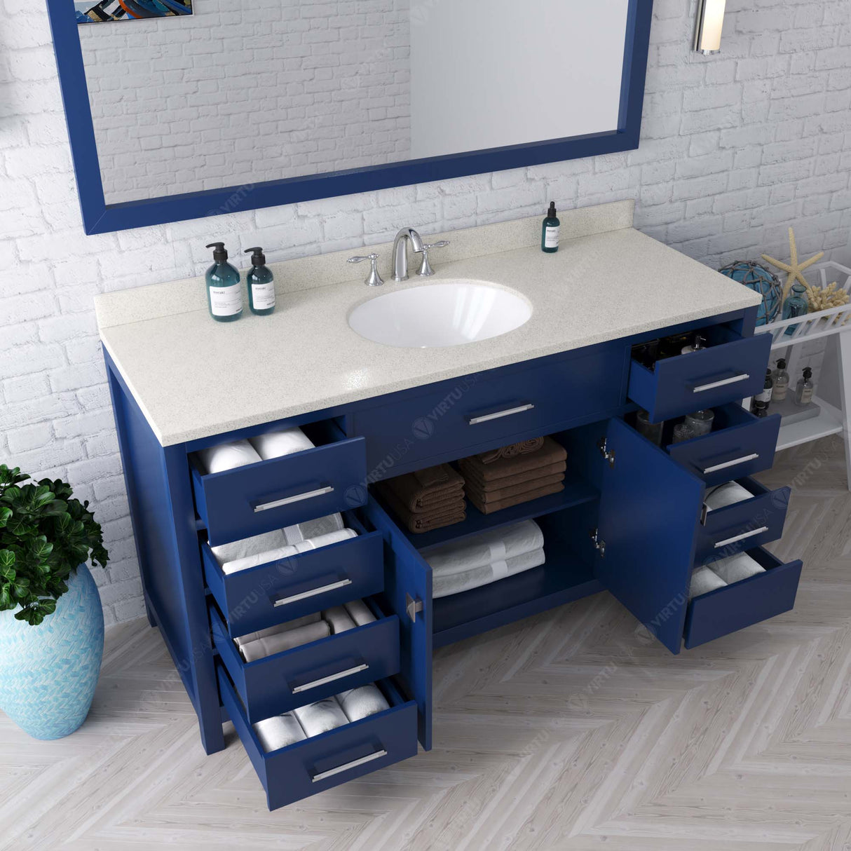 Virtu USA Caroline 60" Single Bath Vanity with White Quartz Top and Round Sink with Polished Chrome Faucet with Matching Mirror