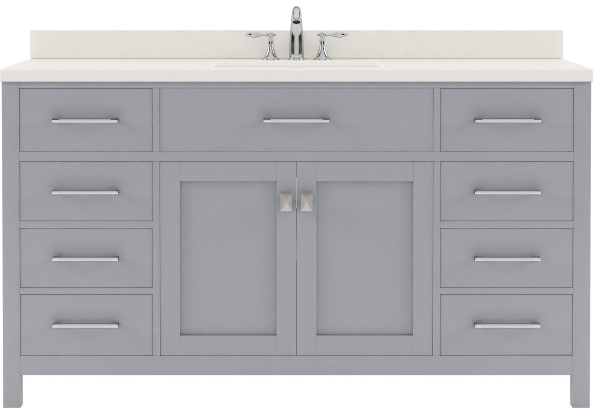 Virtu USA Caroline 60" Single Bath Vanity with White Quartz Top and Round Sink with Polished Chrome Faucet with Matching Mirror