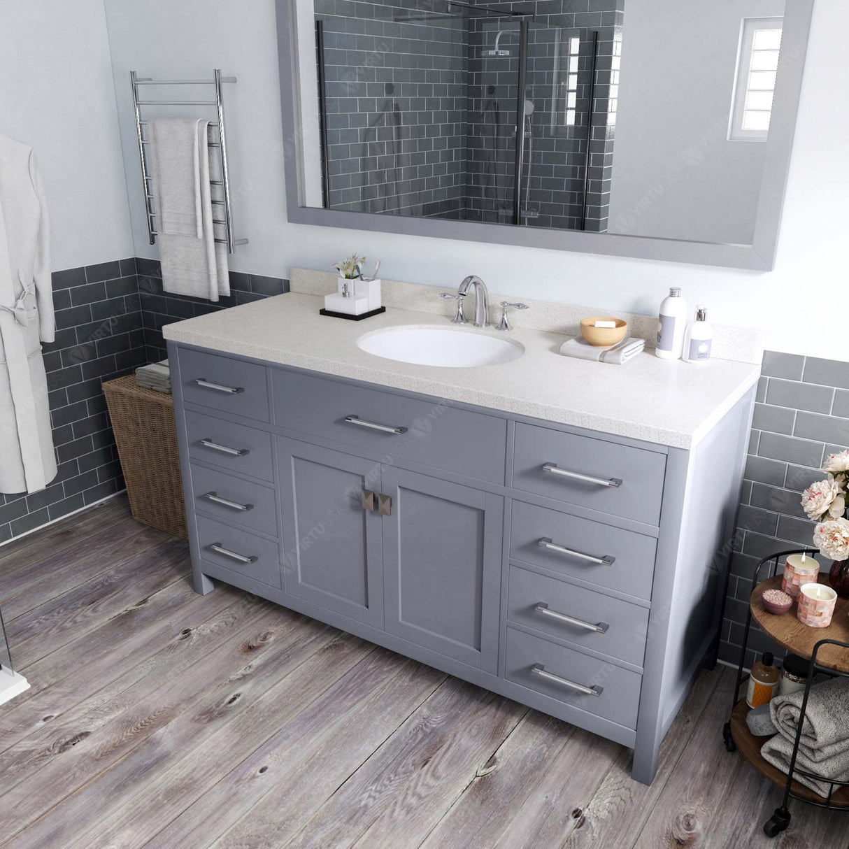 Virtu USA Caroline 60" Single Bath Vanity with White Quartz Top and Round Sink with Polished Chrome Faucet with Matching Mirror