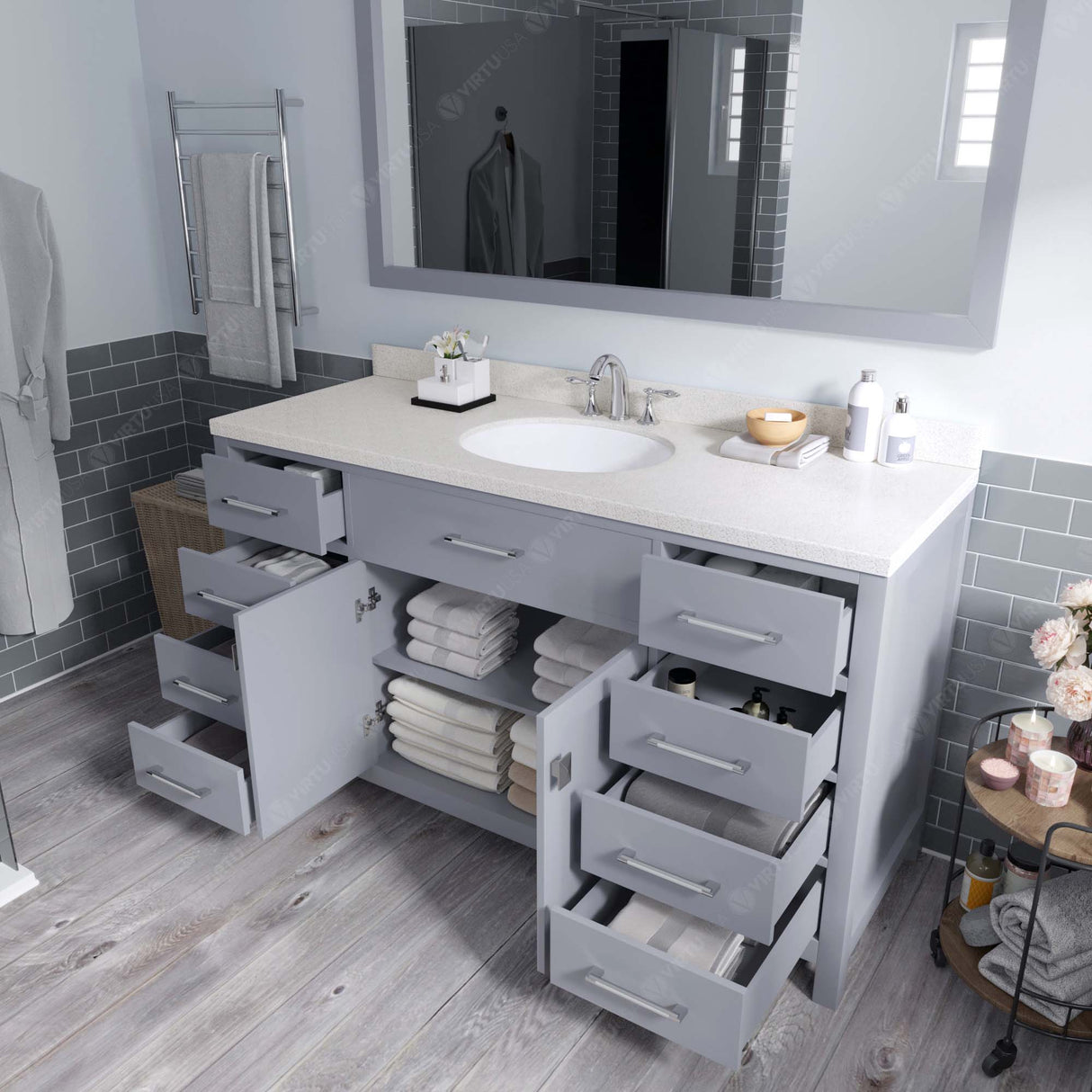 Virtu USA Caroline 60" Single Bath Vanity with White Quartz Top and Round Sink with Polished Chrome Faucet with Matching Mirror