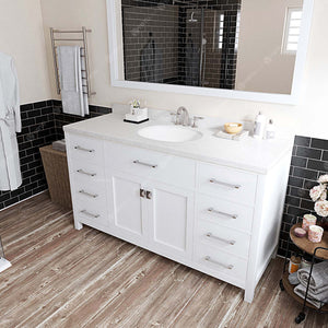 Virtu USA Caroline 60" Single Bath Vanity with Dazzle White Quartz Top and Round Sink with Matching Mirror