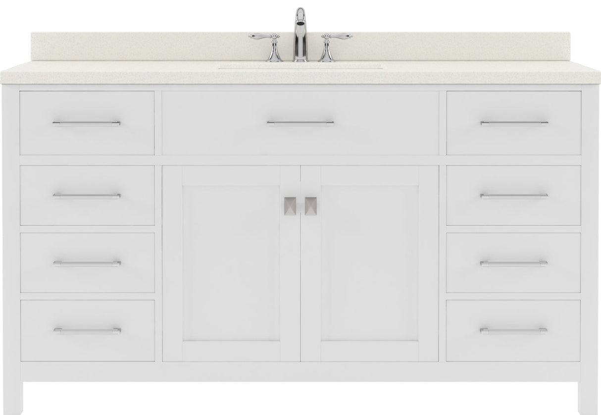 Virtu USA Caroline 60" Single Bath Vanity with White Quartz Top and Round Sink with Polished Chrome Faucet with Matching Mirror