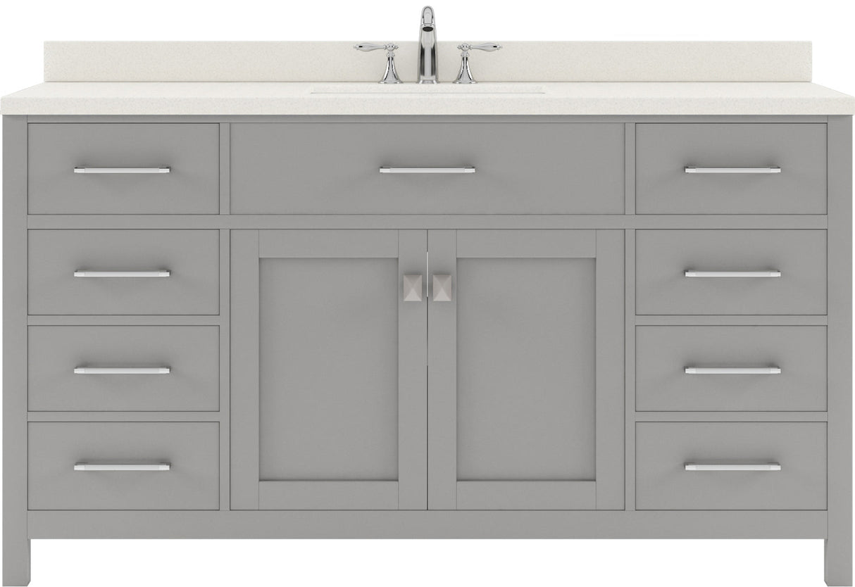 Virtu USA Caroline 60" Single Bath Vanity with White Quartz Top and Square Sink with Brushed Nickel Faucet with Matching Mirror