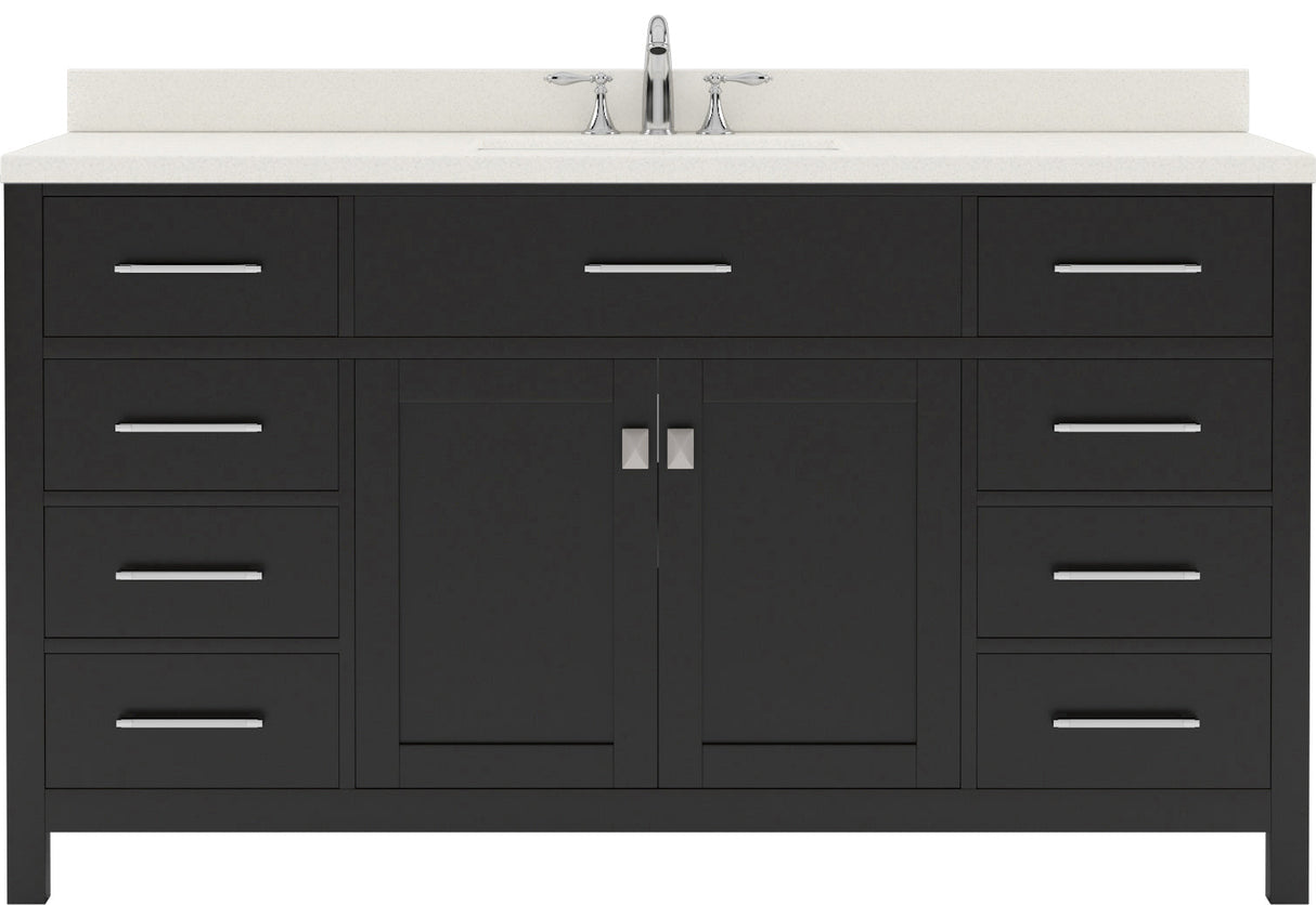 Virtu USA Caroline 60" Single Bath Vanity with White Quartz Top and Square Sink with Polished Chrome Faucet with Matching Mirror