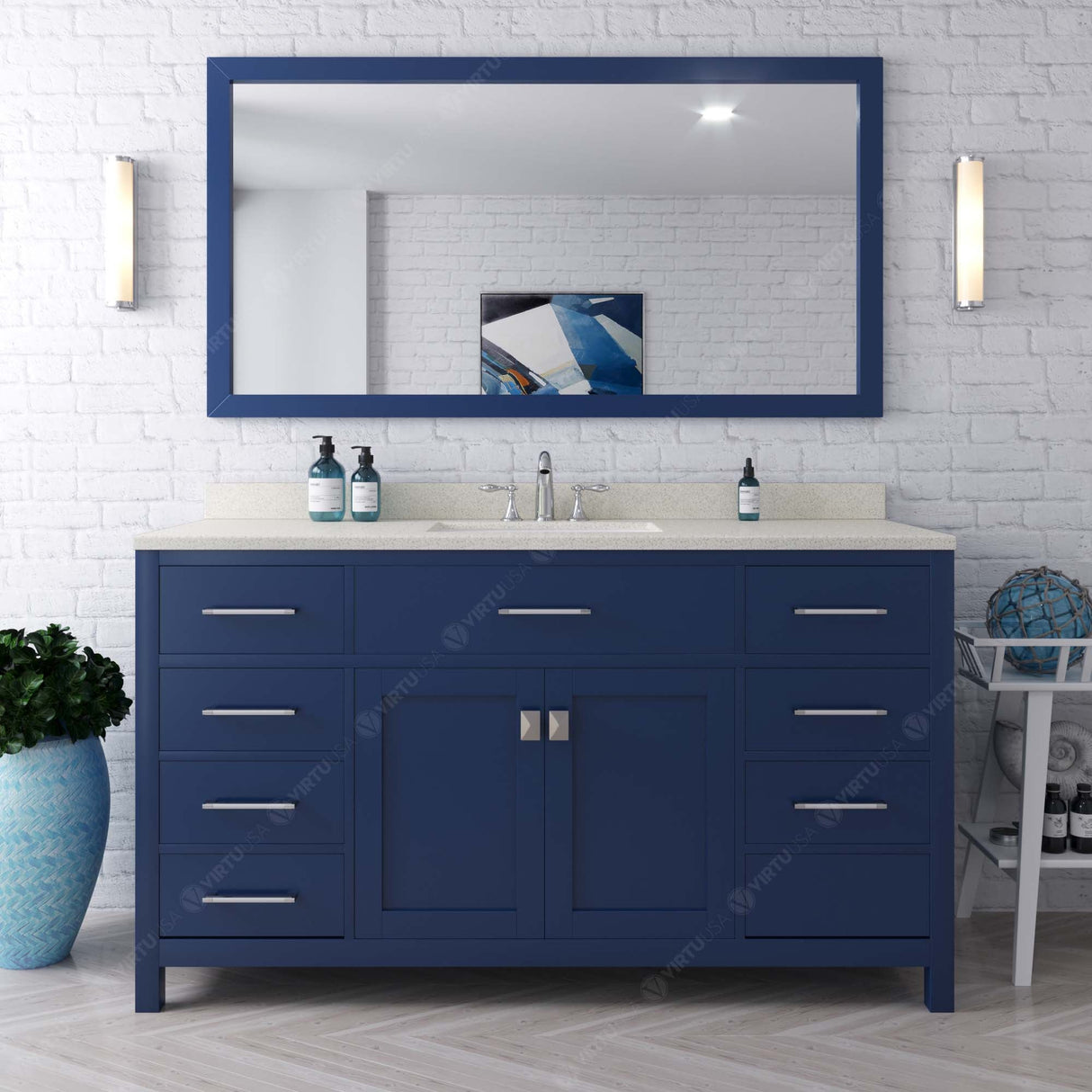 Virtu USA Caroline 60" Single Bath Vanity with White Quartz Top and Square Sink with Polished Chrome Faucet with Matching Mirror