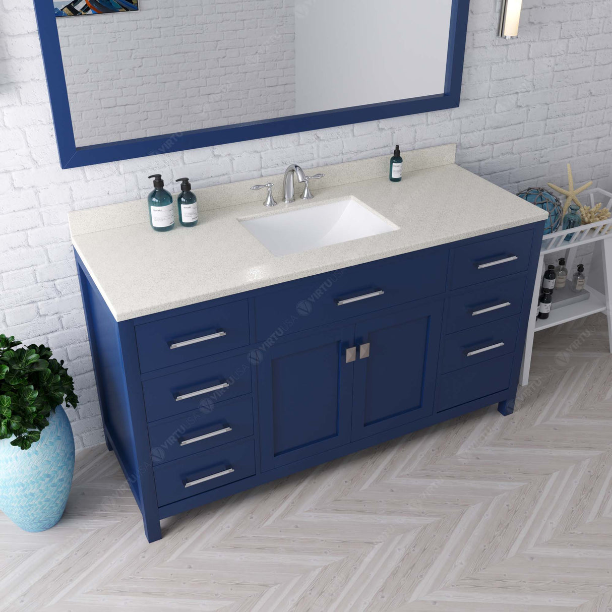 Virtu USA Caroline 60" Single Bath Vanity with White Quartz Top and Square Sink with Polished Chrome Faucet with Matching Mirror