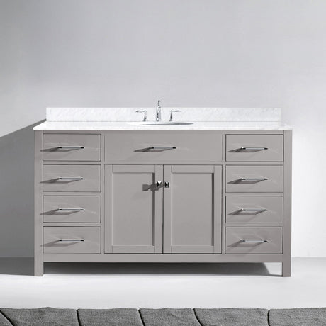 Virtu USA Caroline 60" Single Bath Vanity with White Marble Top and Round Sink with Brushed Nickel Faucet