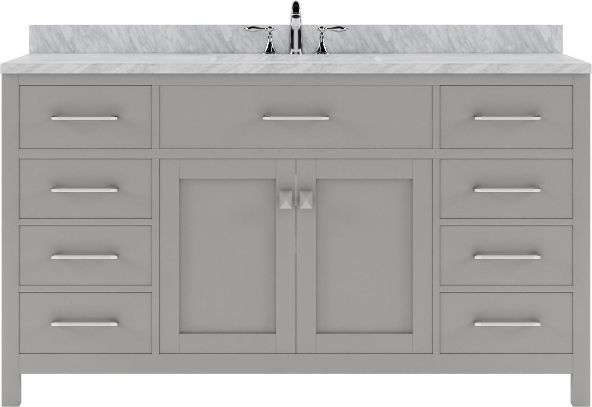 Virtu USA Caroline 60" Single Bath Vanity with White Marble Top and Round Sink with Polished Chrome Faucet with Matching Mirror