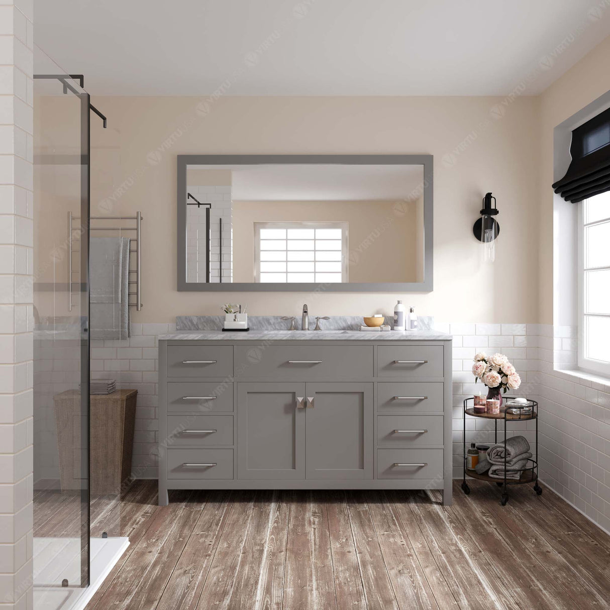 Virtu USA Caroline 60" Single Bath Vanity with White Marble Top and Round Sink with Matching Mirror