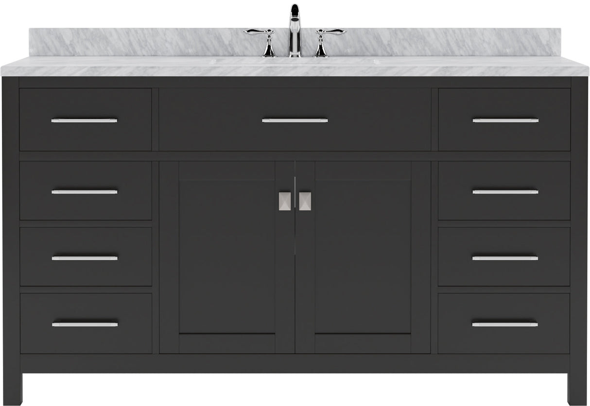 Virtu USA Caroline 60" Single Bath Vanity with White Marble Top and Round Sink with Polished Chrome Faucet with Matching Mirror