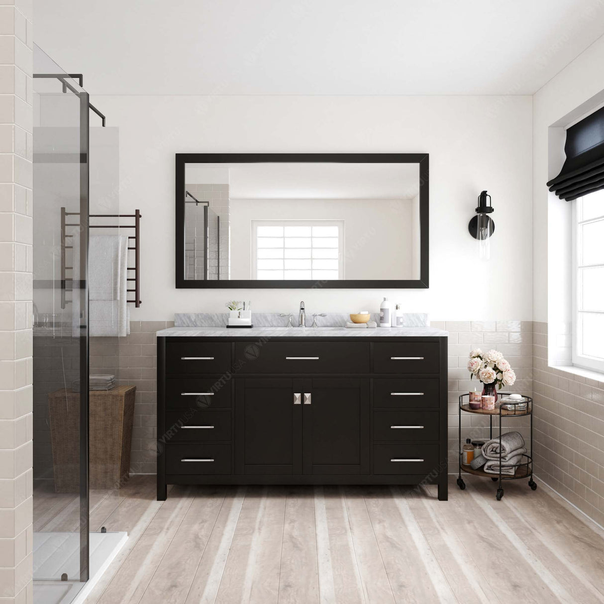 Virtu USA Caroline 60" Single Bath Vanity with White Marble Top and Round Sink with Matching Mirror