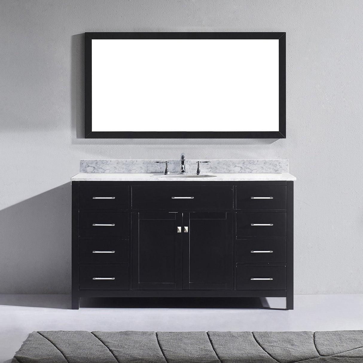 Virtu USA Caroline 60" Single Bath Vanity with White Marble Top and Round Sink with Polished Chrome Faucet with Matching Mirror