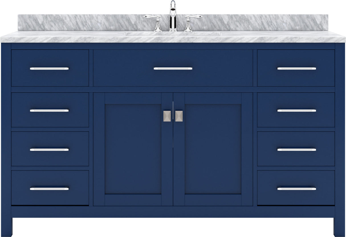 Virtu USA Caroline 60" Single Bath Vanity with White Marble Top and Round Sink with Matching Mirror