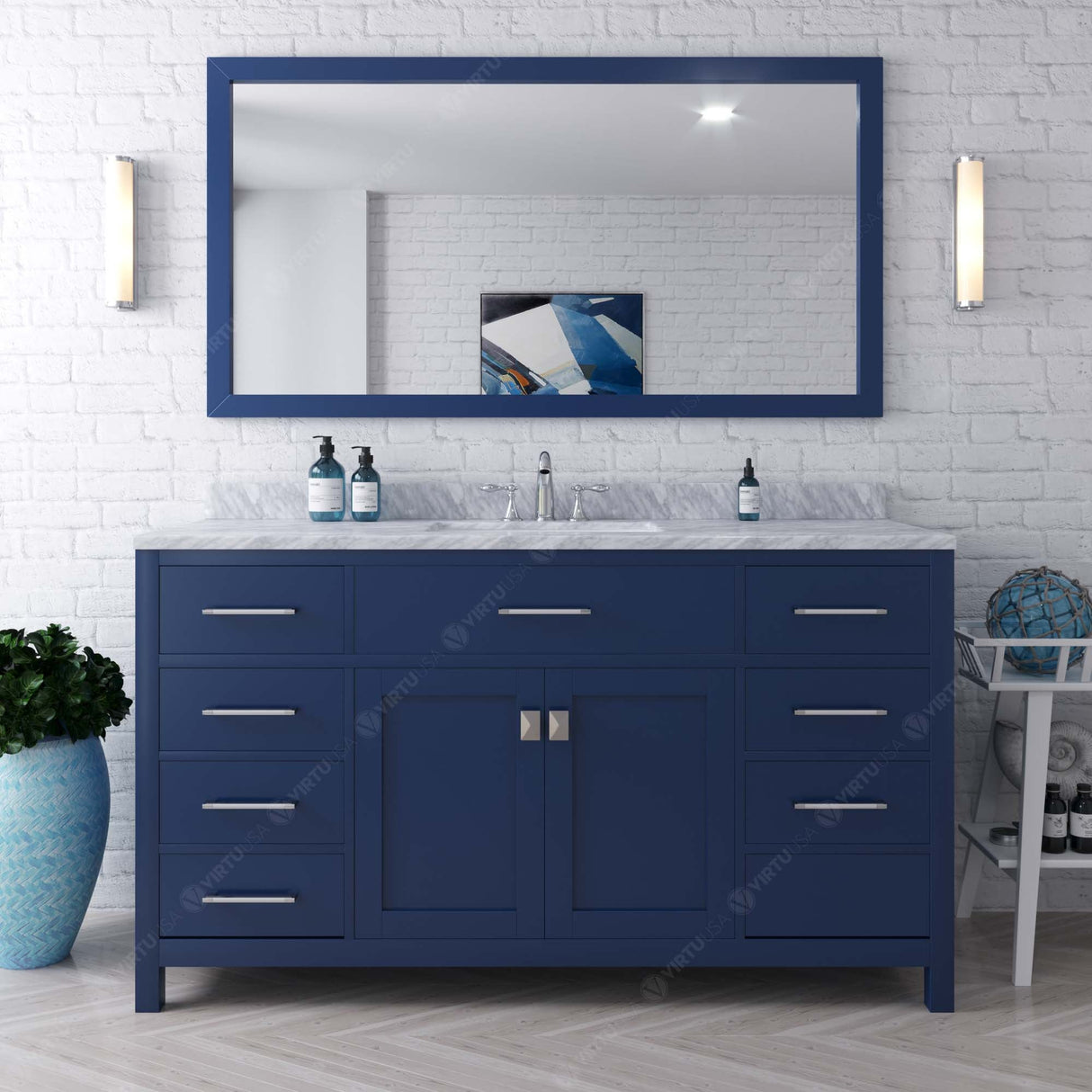 Virtu USA Caroline 60" Single Bath Vanity with White Marble Top and Round Sink with Matching Mirror