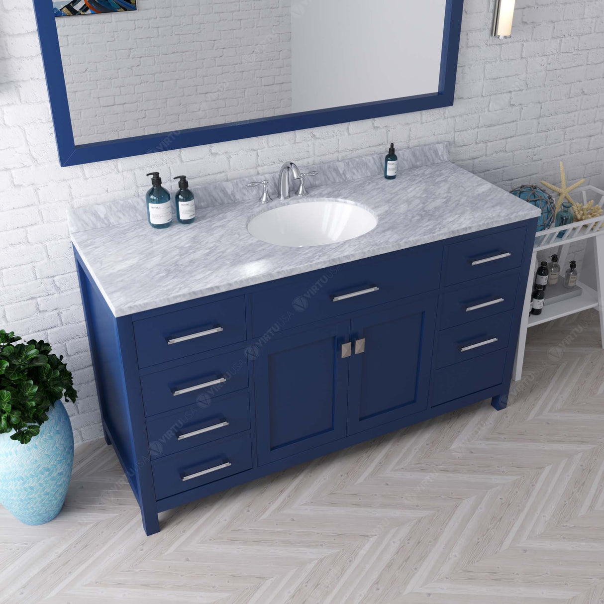 Virtu USA Caroline 60" Single Bath Vanity with White Marble Top and Round Sink with Matching Mirror