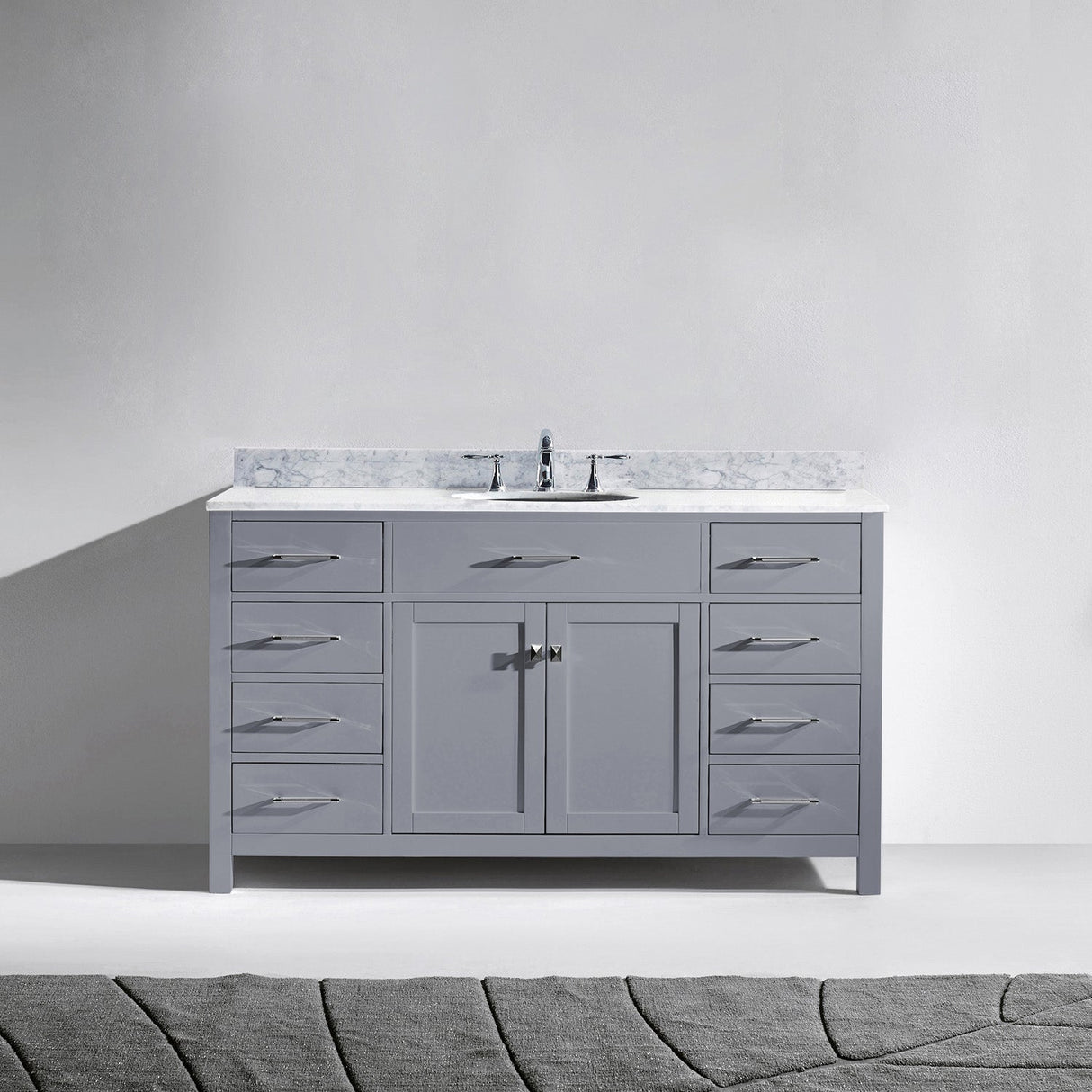 Virtu USA Caroline 60" Single Bath Vanity with White Marble Top and Round Sink with Matching Mirror