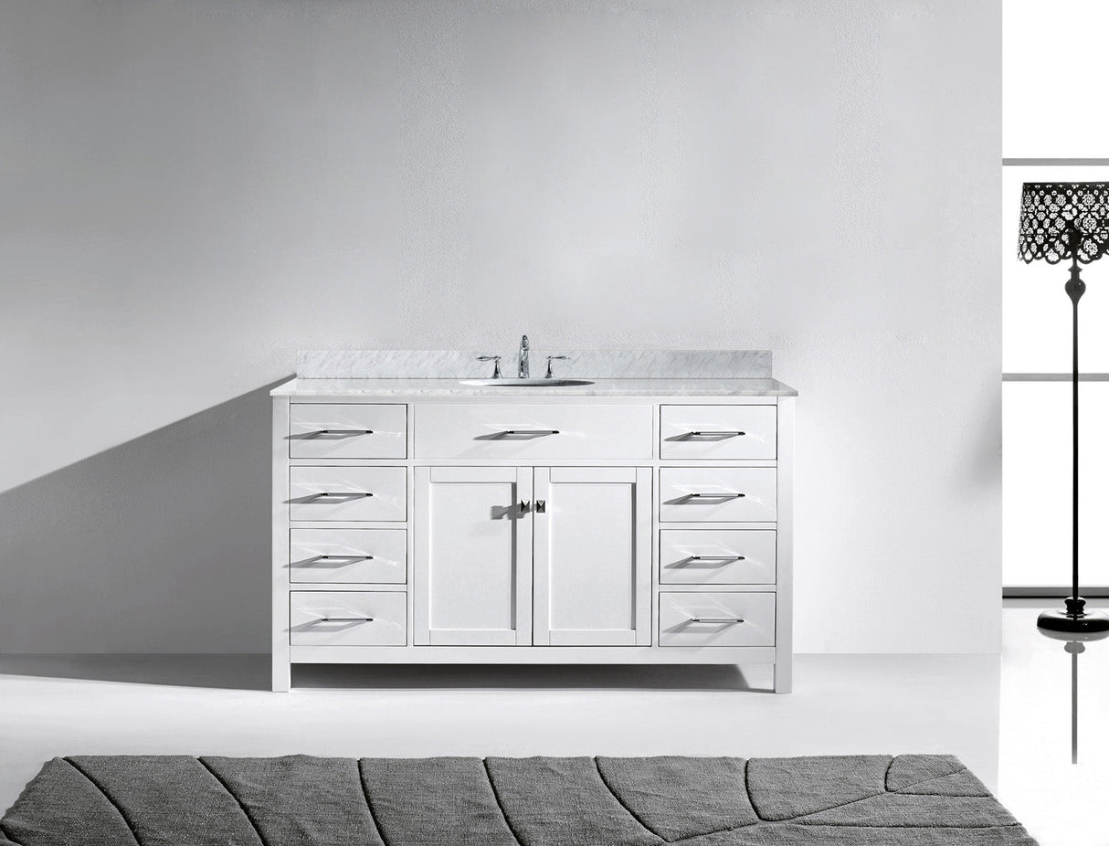 Virtu USA Caroline 60" Single Bath Vanity with White Marble Top and Round Sink