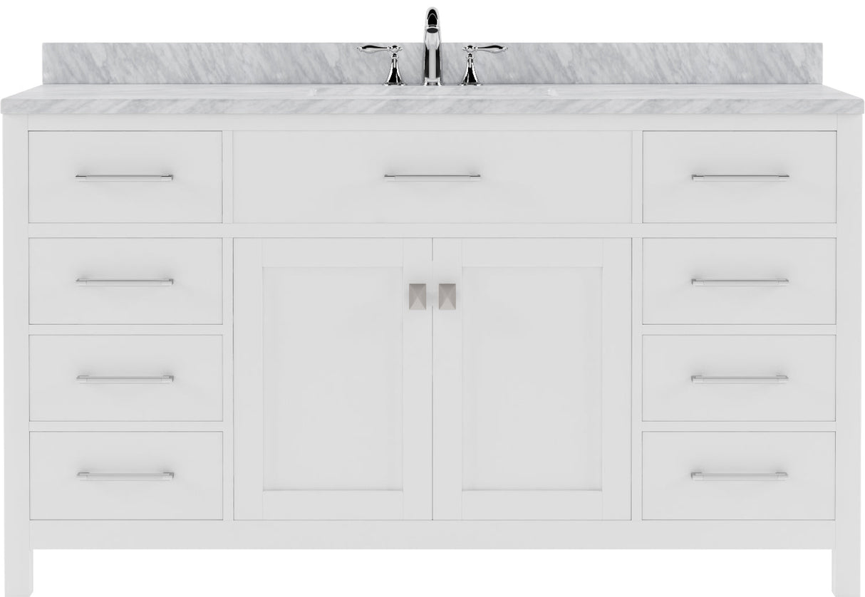 Virtu USA Caroline 60" Single Bath Vanity with White Marble Top and Round Sink with Polished Chrome Faucet with Matching Mirror