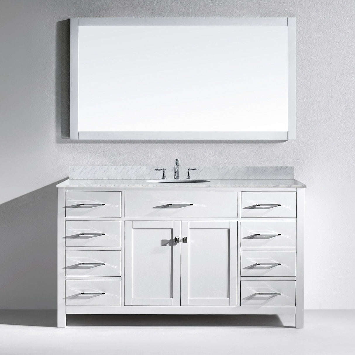 Virtu USA Caroline 60" Single Bath Vanity with White Marble Top and Round Sink with Matching Mirror