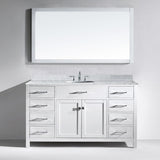 Virtu USA Caroline 60" Single Bath Vanity with White Marble Top and Round Sink with Polished Chrome Faucet with Matching Mirror