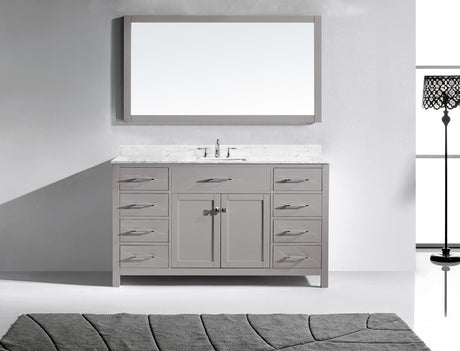 Virtu USA Caroline 60" Single Bath Vanity with White Marble Top and Square Sink with Matching Mirror