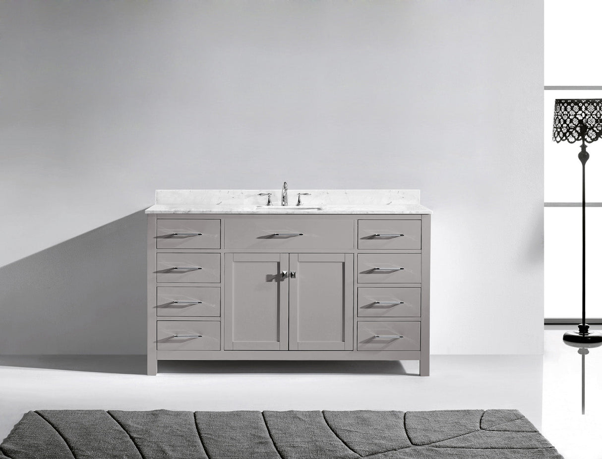 Virtu USA Caroline 60" Single Bath Vanity with White Marble Top and Square Sink with Brushed Nickel Faucet