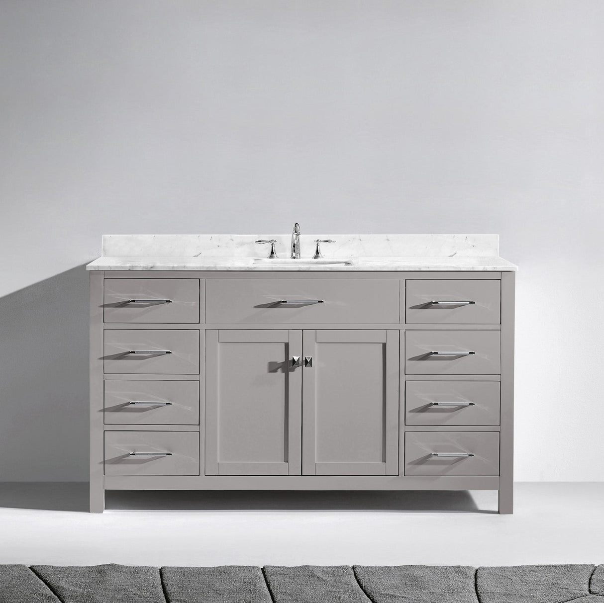 Virtu USA Caroline 60" Single Bath Vanity with White Marble Top and Square Sink with Brushed Nickel Faucet