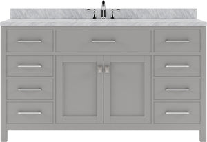 Virtu USA Caroline 60" Single Bath Vanity with White Marble Top and Square Sink with Polished Chrome Faucet with Matching Mirror