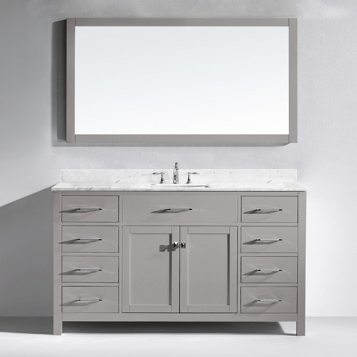 Virtu USA Caroline 60" Single Bath Vanity with White Marble Top and Square Sink with Polished Chrome Faucet with Matching Mirror