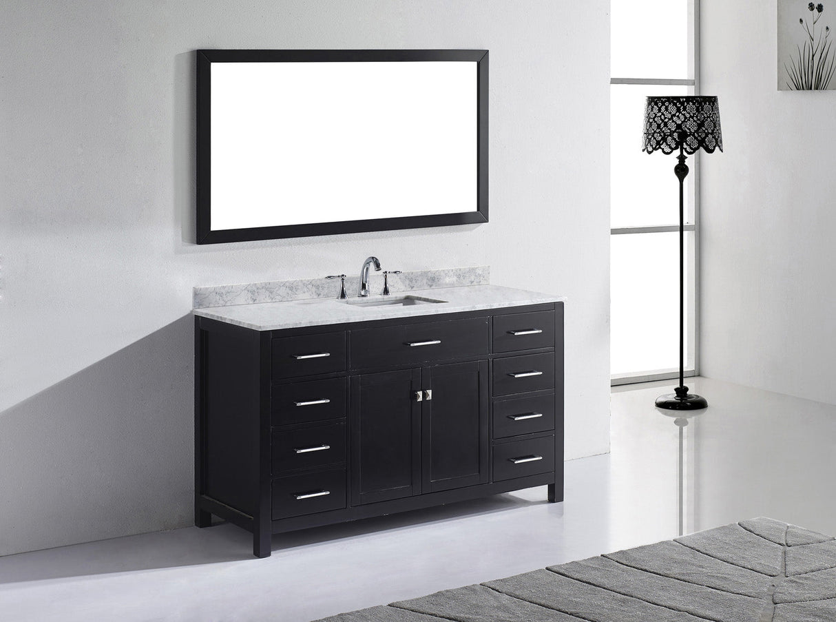 Virtu USA Caroline 60" Single Bath Vanity with White Marble Top and Square Sink with Matching Mirror