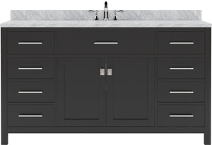 Virtu USA Caroline 60" Single Bath Vanity with White Marble Top and Square Sink with Polished Chrome Faucet with Matching Mirror