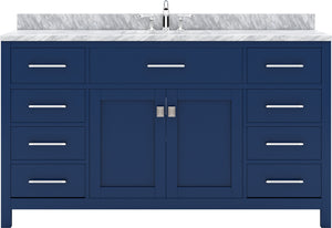Virtu USA Caroline 60" Single Bath Vanity with White Marble Top and Square Sink with Polished Chrome Faucet with Matching Mirror