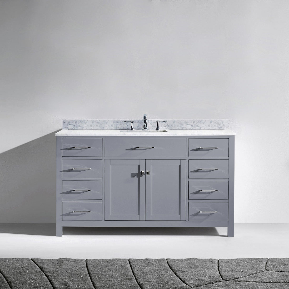 Virtu USA Caroline 60" Single Bath Vanity with White Marble Top and Square Sink with Brushed Nickel Faucet