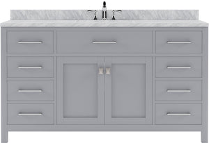 Virtu USA Caroline 60" Single Bath Vanity with White Marble Top and Square Sink with Polished Chrome Faucet with Matching Mirror