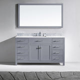 Virtu USA Caroline 60" Single Bath Vanity with White Marble Top and Square Sink with Polished Chrome Faucet with Matching Mirror