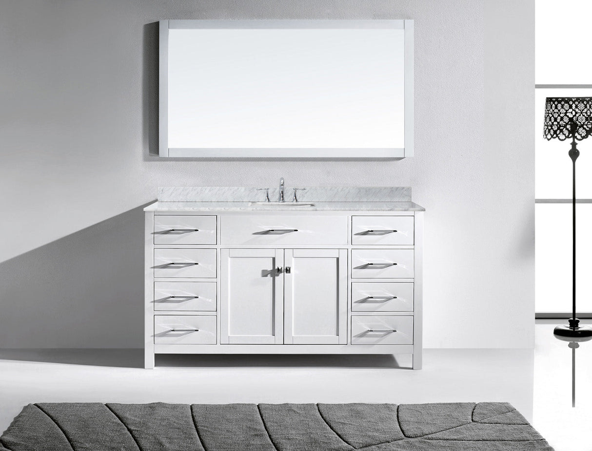 Virtu USA Caroline 60" Single Bath Vanity with White Marble Top and Square Sink with Matching Mirror