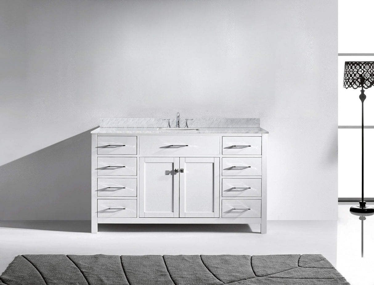 Virtu USA Caroline 60" Single Bath Vanity with White Marble Top and Square Sink with Brushed Nickel Faucet