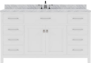 Virtu USA Caroline 60" Single Bath Vanity with White Marble Top and Square Sink with Polished Chrome Faucet with Matching Mirror